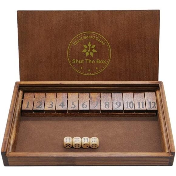 Shut The Box Wooden Board Dice Game with 12 Numbers and Lid for Kids Adults - Picture 1 of 7
